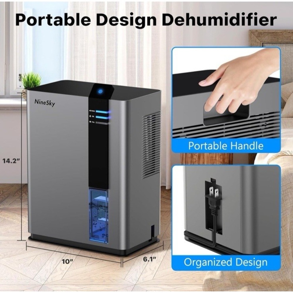 NineSky Dehumidifier 98 OZ Dehumidifier for Home 800 sq. ft. 5 Colors‎ LED Gray - Picture 10 of 12